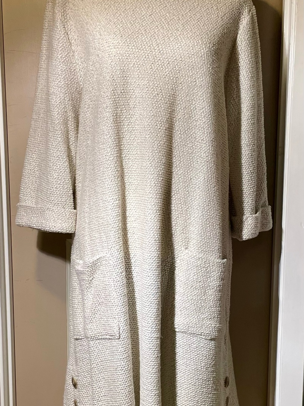 Cream Textured Midi Dress with Front Pockets